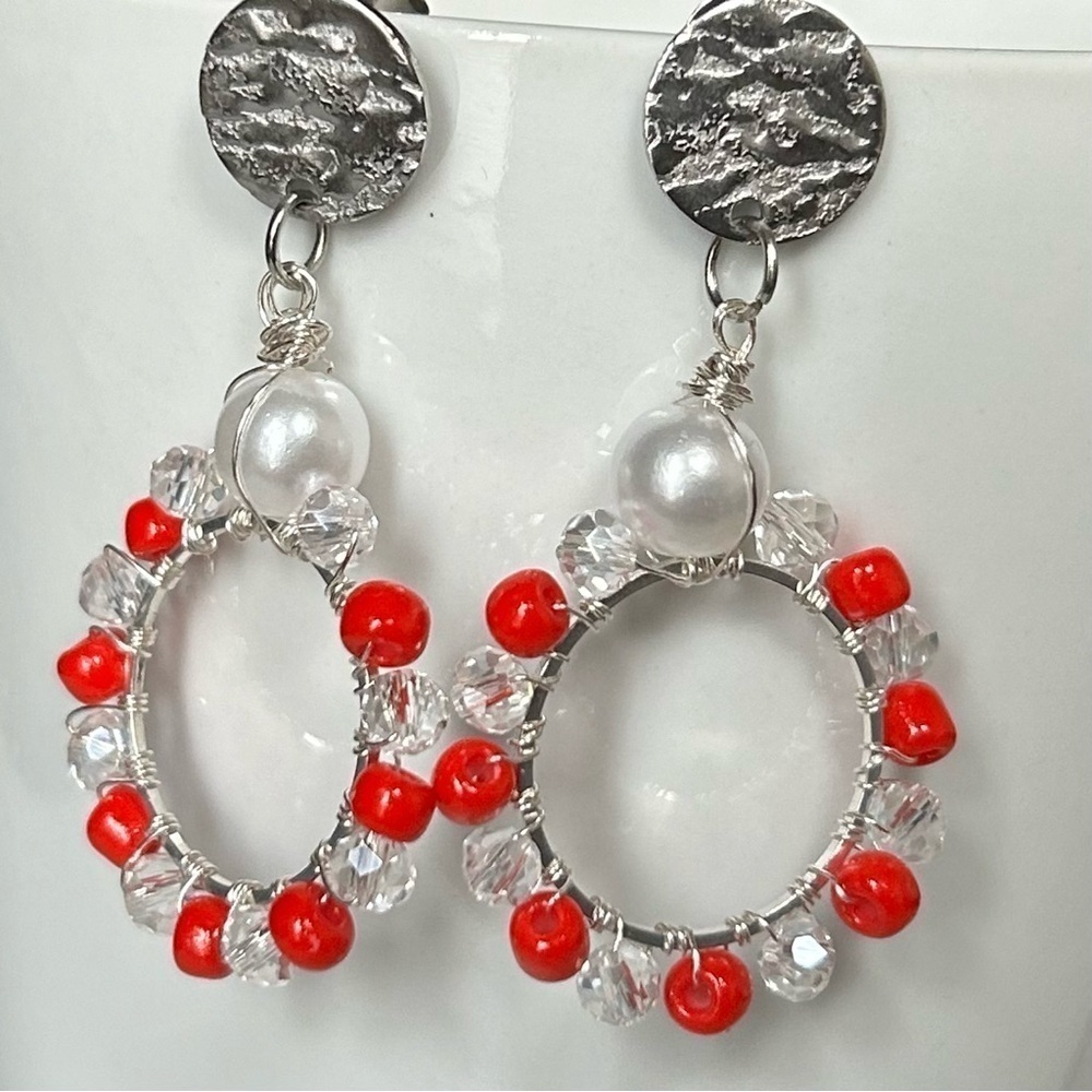 Handmade red beads and crystal silver plated wired earrings. New